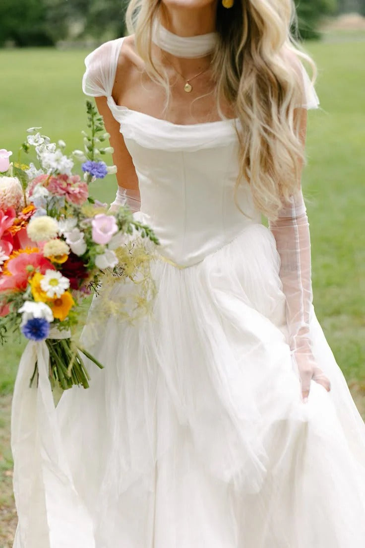 Ivory Tulle A-Line Wedding Dress – Cap Sleeve Cowl Neck Bridal Gown with Train