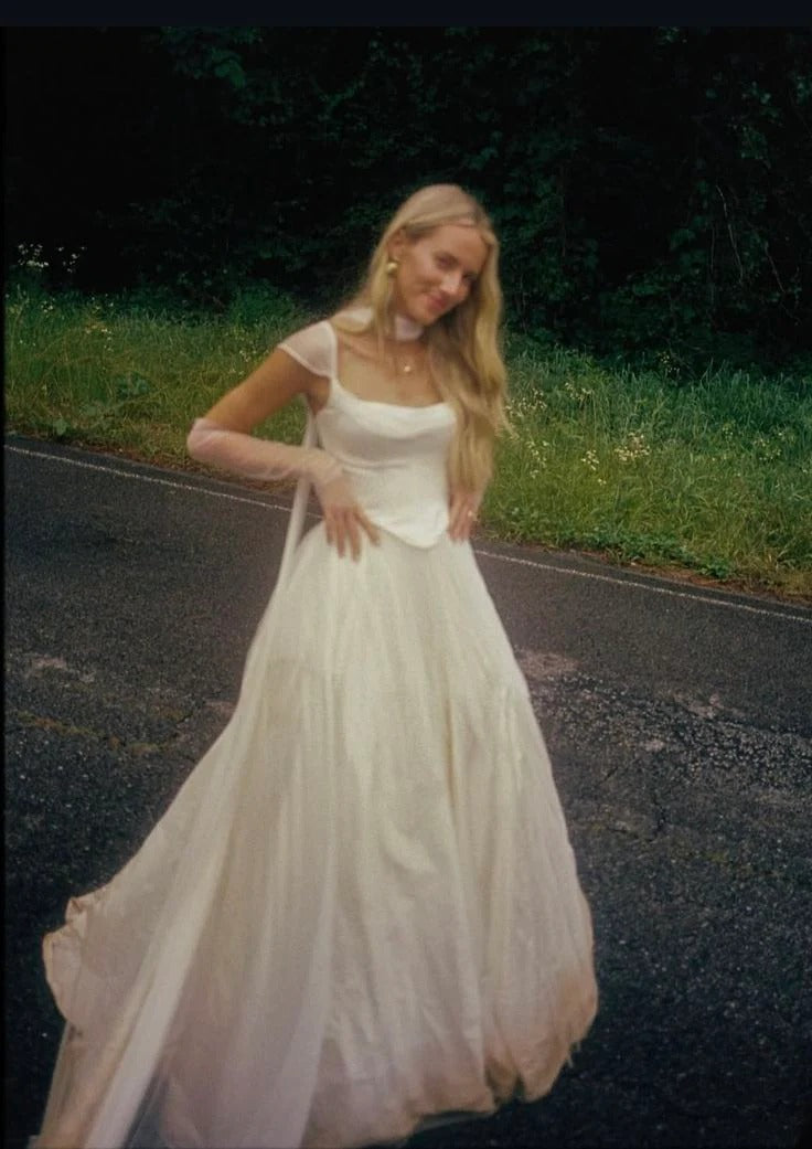 Ivory Tulle A-Line Wedding Dress – Cap Sleeve Cowl Neck Bridal Gown with Train