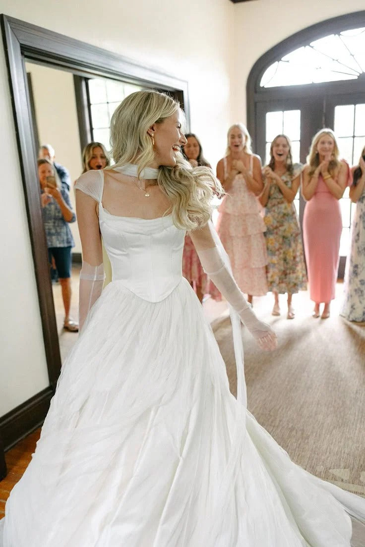 Ivory Tulle A-Line Wedding Dress – Cap Sleeve Cowl Neck Bridal Gown with Train