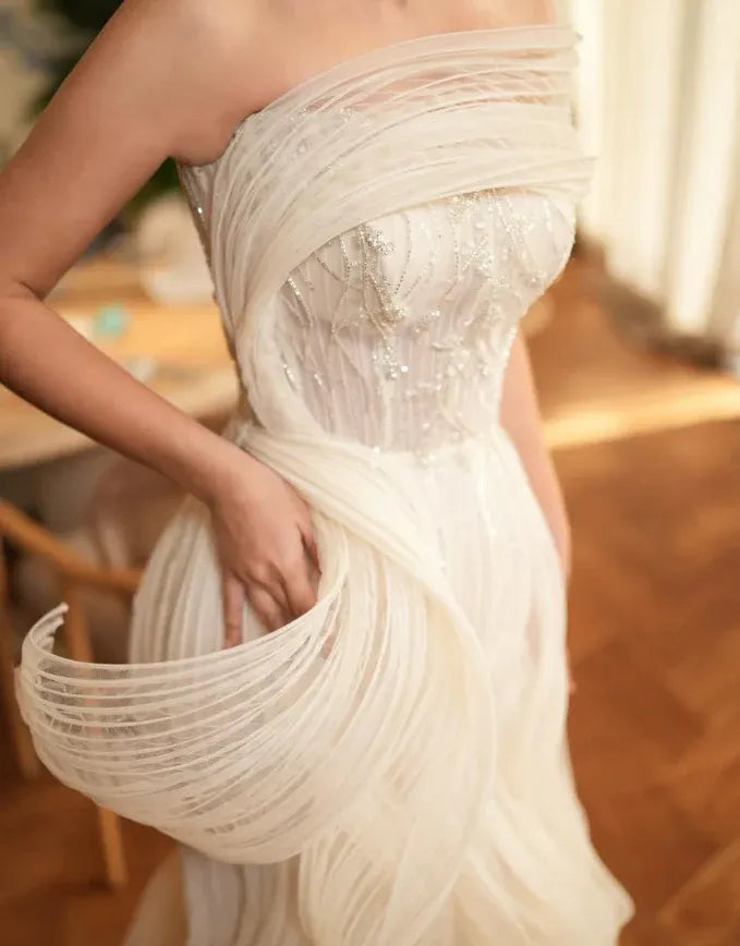 Ivory Tulle Off-the-Shoulder Sculptural Ruffle Gown