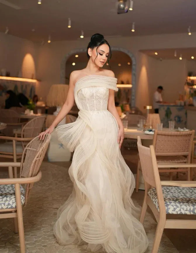 Ivory Tulle Off-the-Shoulder Sculptural Ruffle Gown