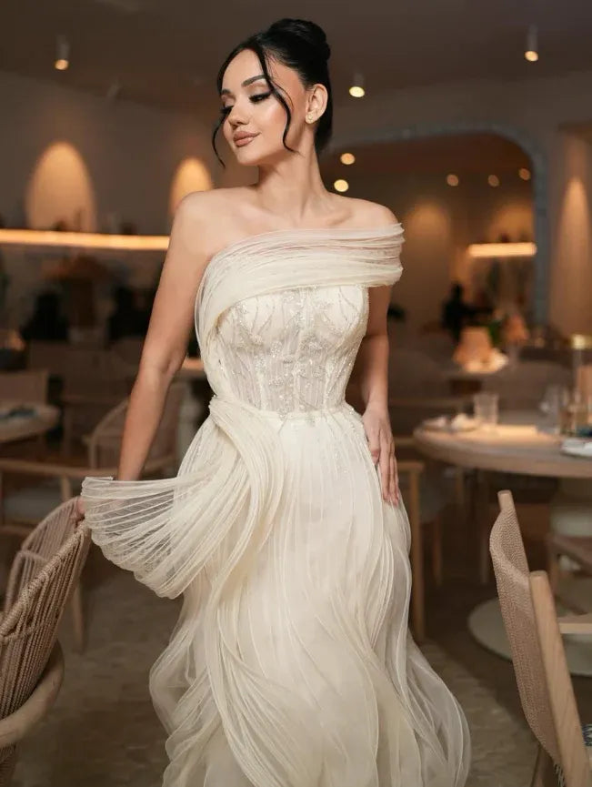 Ivory Tulle Off-the-Shoulder Sculptural Ruffle Gown