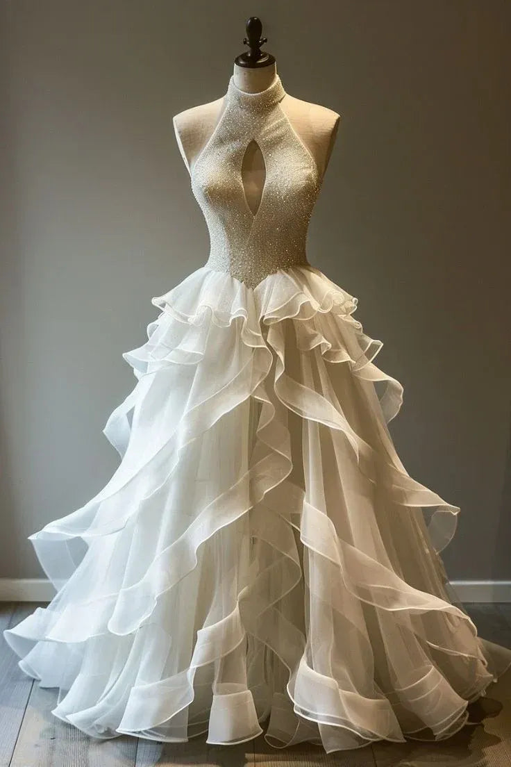Ivory White Halter Neck Keyhole Beaded Ruffled Tulle Ball Gown with Train