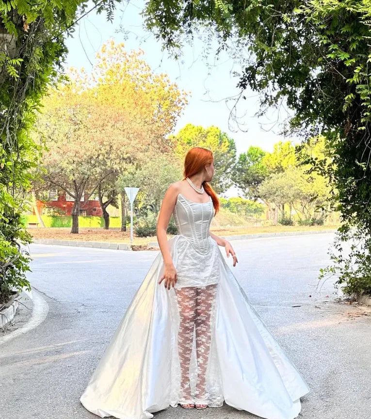 Ivory White Spaghetti Strap Sweetheart Corset Lace Satin A-Line Maxi Gown with Slit & Train