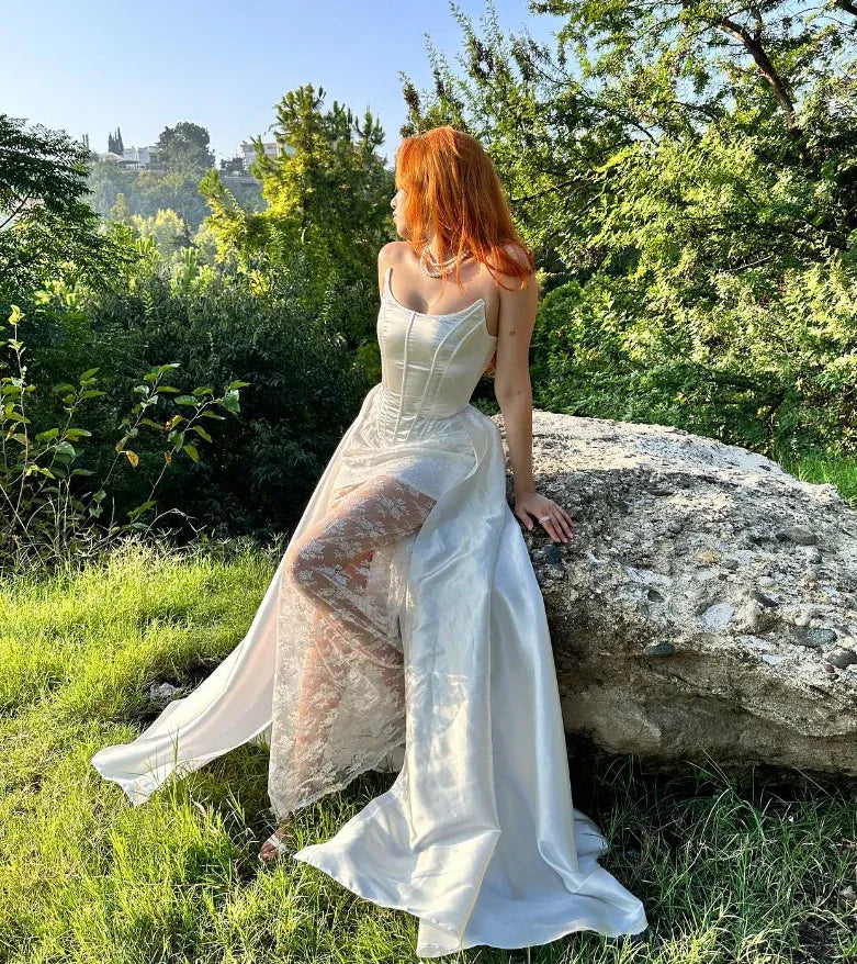 Ivory White Spaghetti Strap Sweetheart Corset Lace Satin A-Line Maxi Gown with Slit & Train