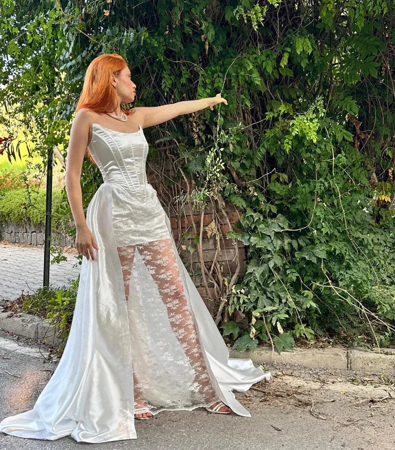 Ivory White Spaghetti Strap Sweetheart Corset Lace Satin A-Line Maxi Gown with Slit & Train