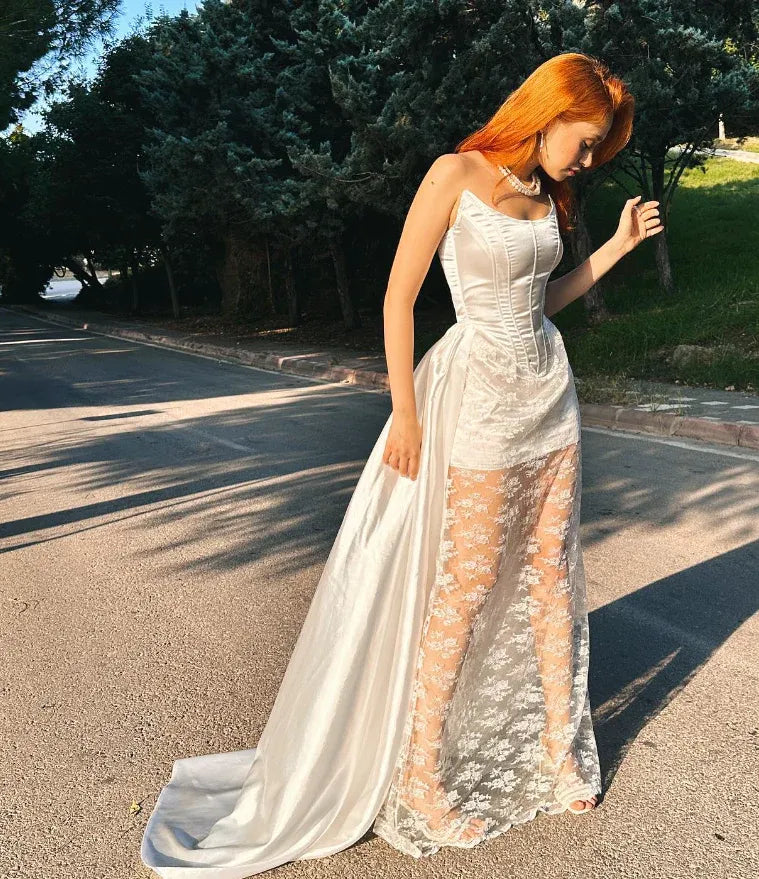Ivory White Spaghetti Strap Sweetheart Corset Lace Satin A-Line Maxi Gown with Slit & Train