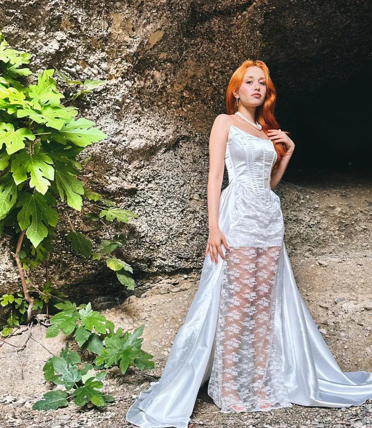 Ivory White Spaghetti Strap Sweetheart Corset Lace Satin A-Line Maxi Gown with Slit & Train