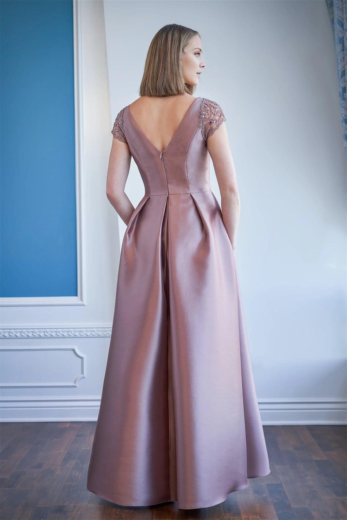 Jacquard Mothers Dress with Hand Beaded Tulle Cap Sleeve and Pleated A line Skirt Mother of the Bride Dresses