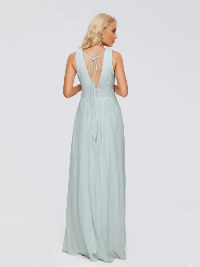 Lace-Up Back  A-line V Neck Straps Chiffon Bridesmaid Dresses