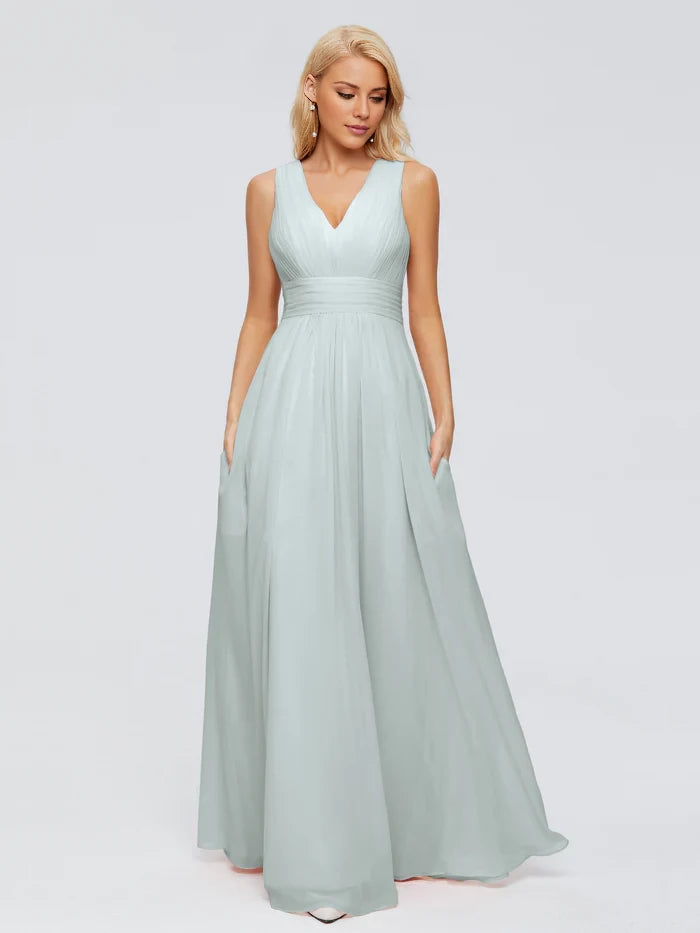 Lace-Up Back  A-line V Neck Straps Chiffon Bridesmaid Dresses