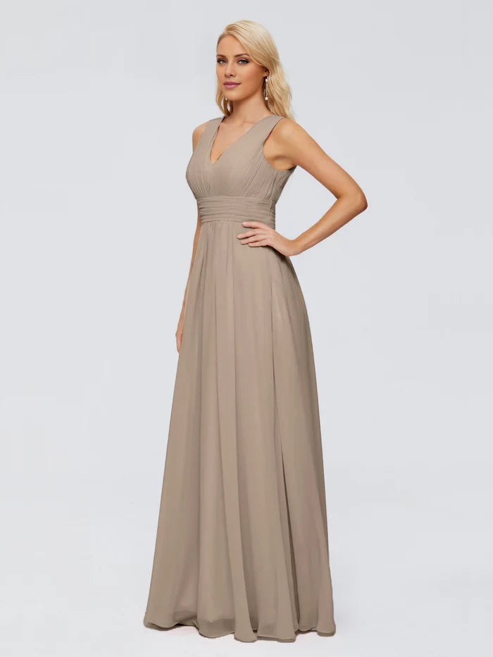 Lace-Up Back  A-line V Neck Straps Chiffon Bridesmaid Dresses