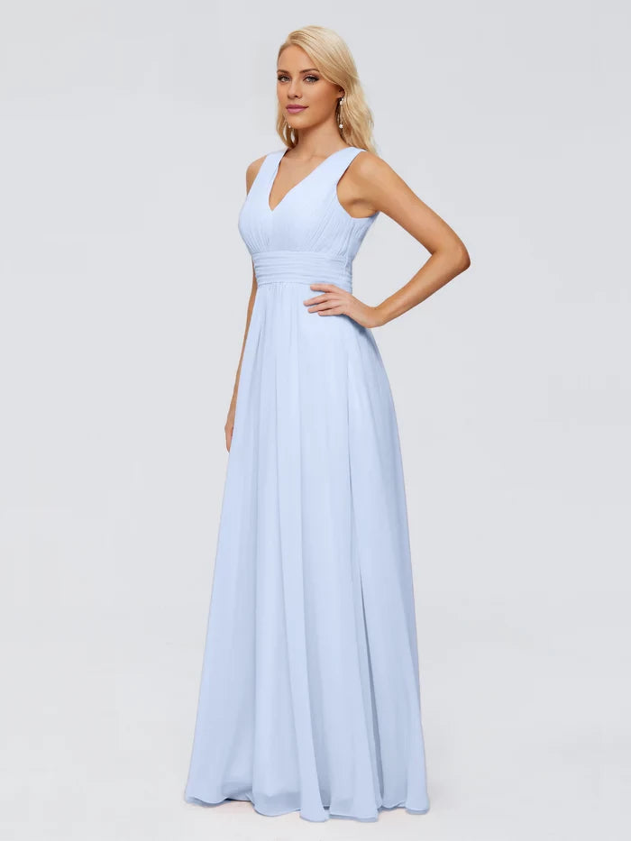 Lace-Up Back  A-line V Neck Straps Chiffon Bridesmaid Dresses