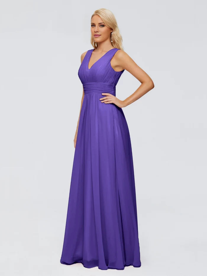 Lace-Up Back  A-line V Neck Straps Chiffon Bridesmaid Dresses
