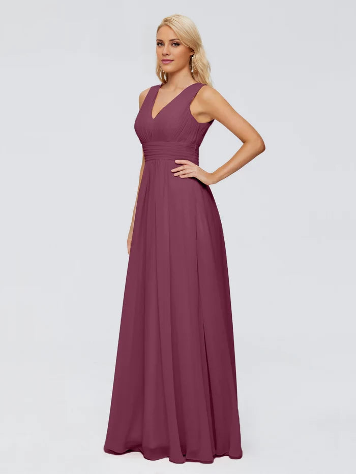 Lace-Up Back  A-line V Neck Straps Chiffon Bridesmaid Dresses