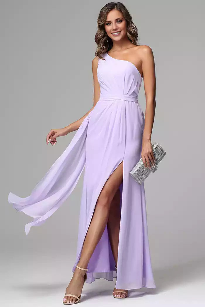 Lace-Up Back One Shoulder Chiffon Split Fork Bridesmaid Dresses