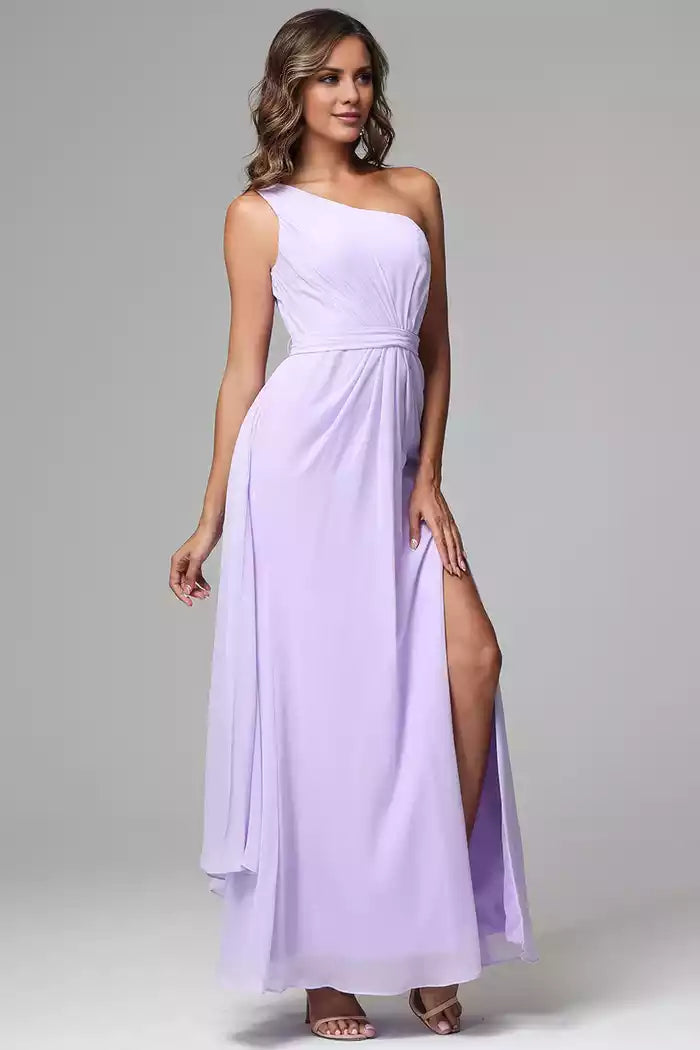 Lace-Up Back One Shoulder Chiffon Split Fork Bridesmaid Dresses