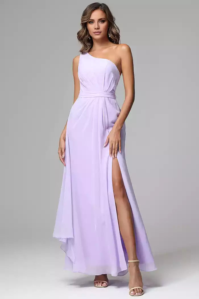 Lace-Up Back One Shoulder Chiffon Split Fork Bridesmaid Dresses