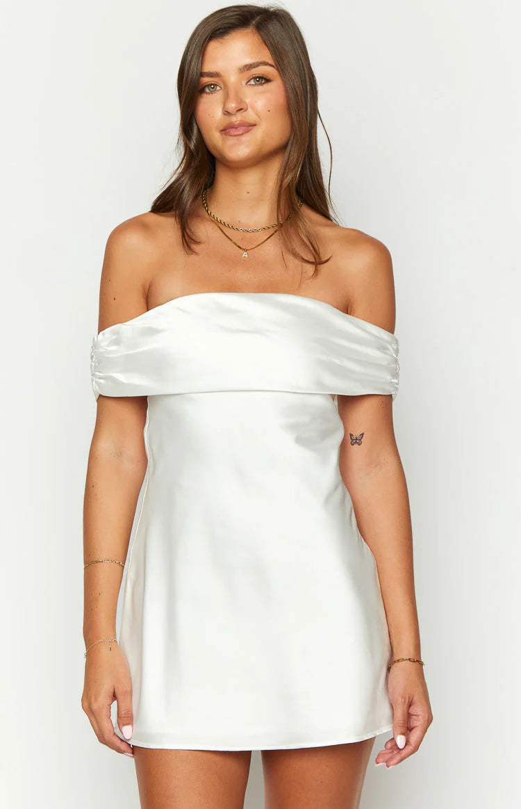 Lace-Up Back  Satin Off the Shoulder Mini Dress Homecoming Dress