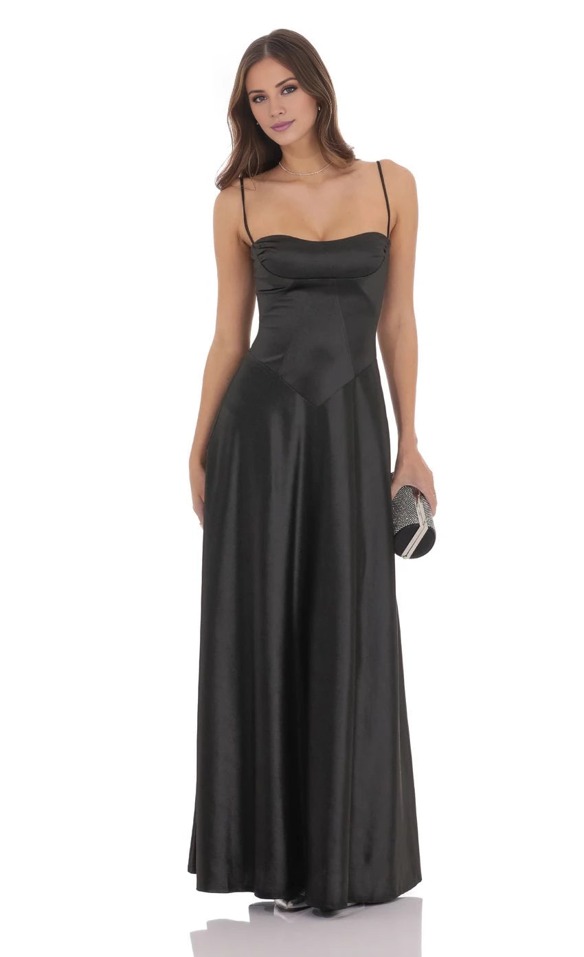 Lace-Up Back Satin Square Neck Maxi Dress Prom Dresses