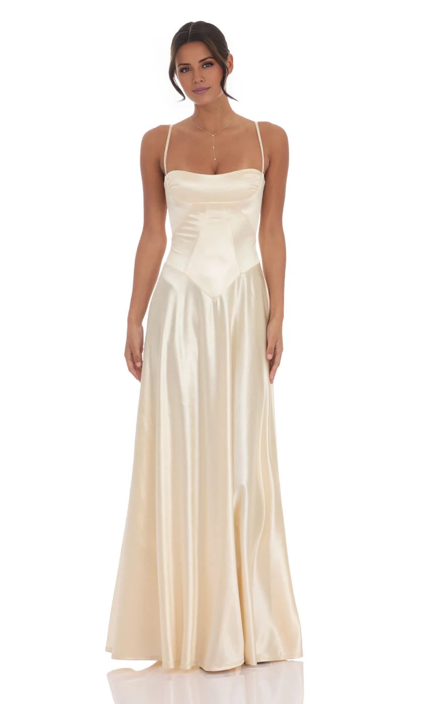 Lace-Up Back Satin Square Neck Maxi Dress Prom Dresses