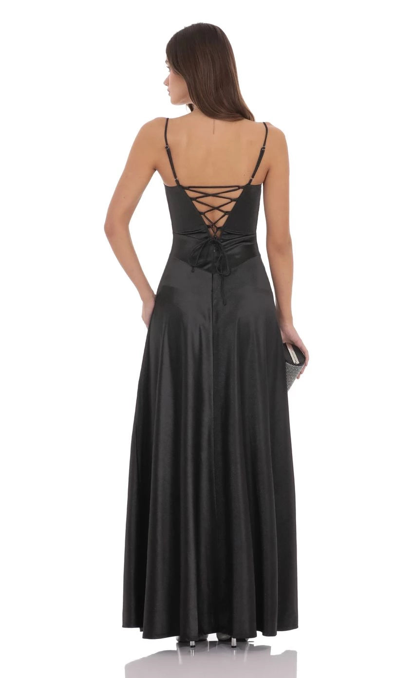 Lace-Up Back Satin Square Neck Maxi Dress Prom Dresses
