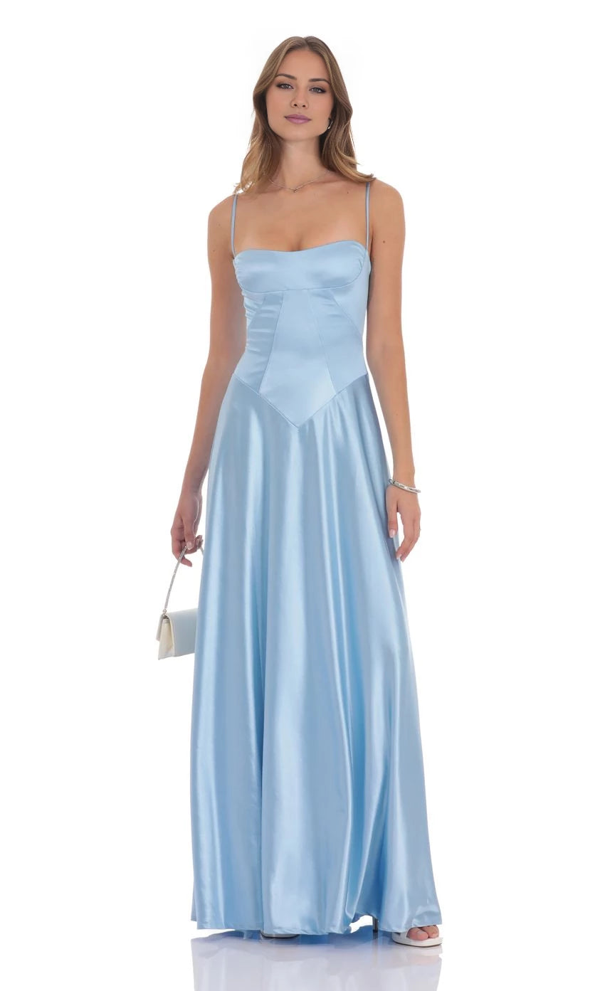Lace-Up Back Satin Square Neck Maxi Dress Prom Dresses