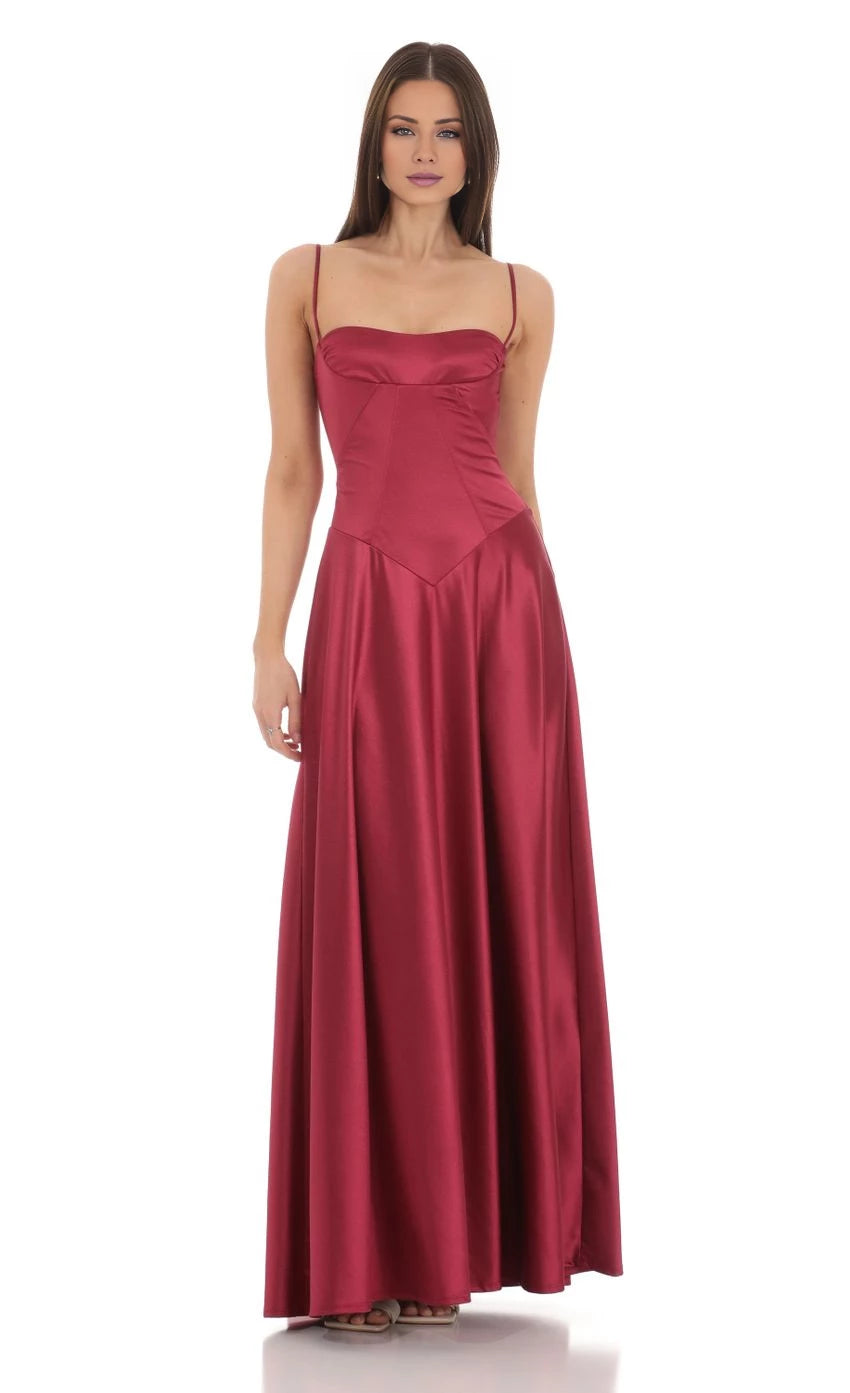 Lace-Up Back Satin Square Neck Maxi Dress Prom Dresses