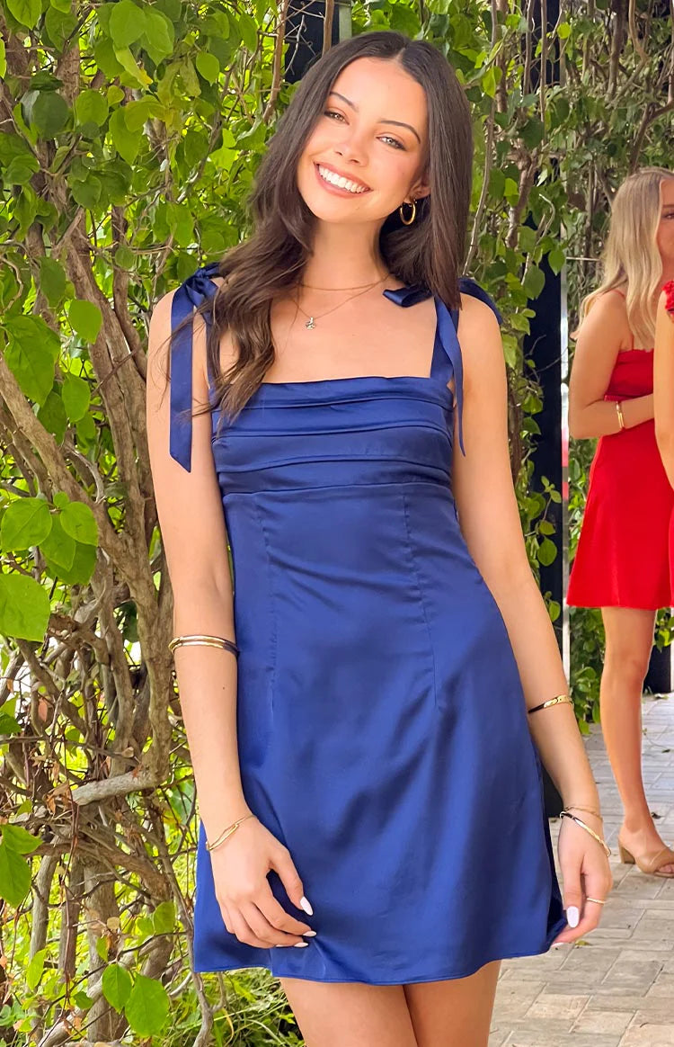 Lace-Up Back Satin Tie-Shoulder Mini Dress Homecoming Dress