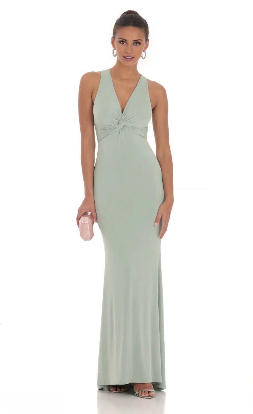 Lace-Up Back Twist V-Neck Maxi Dress Prom Dresses