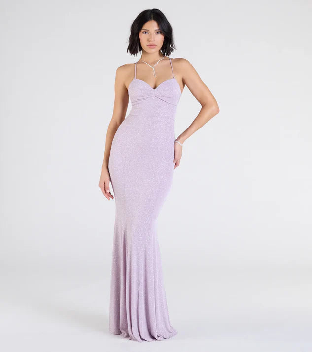 Lace-Up Wrap The Buttocks Mermaid Glitter Formal Dress Evening Dress