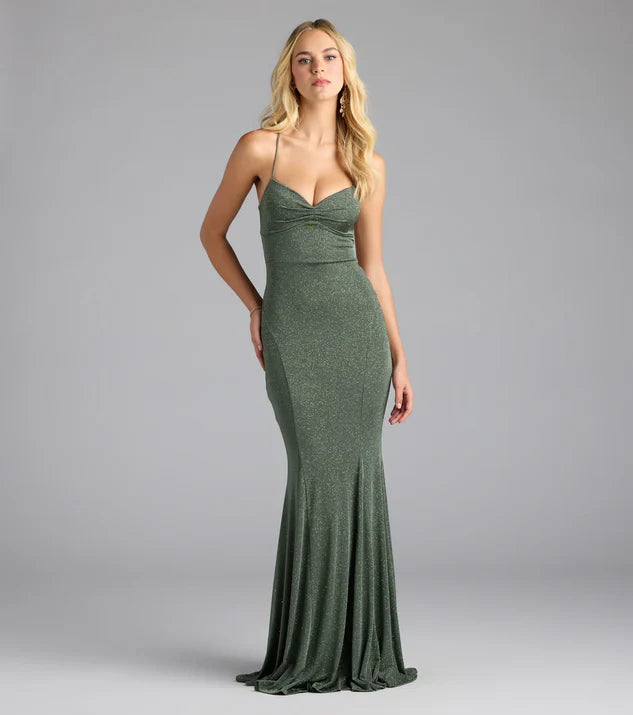 Lace-Up Wrap The Buttocks Mermaid Glitter Formal Dress Evening Dress