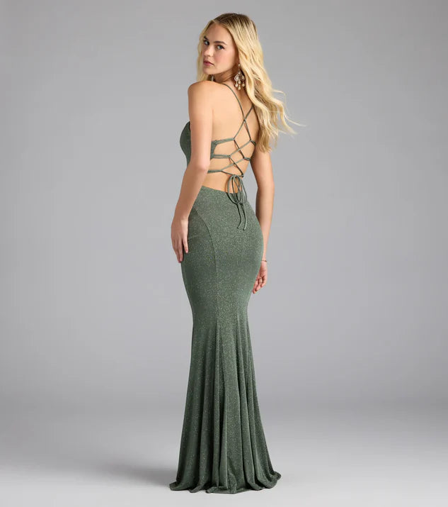 Lace-Up Wrap The Buttocks Mermaid Glitter Formal Dress Evening Dress