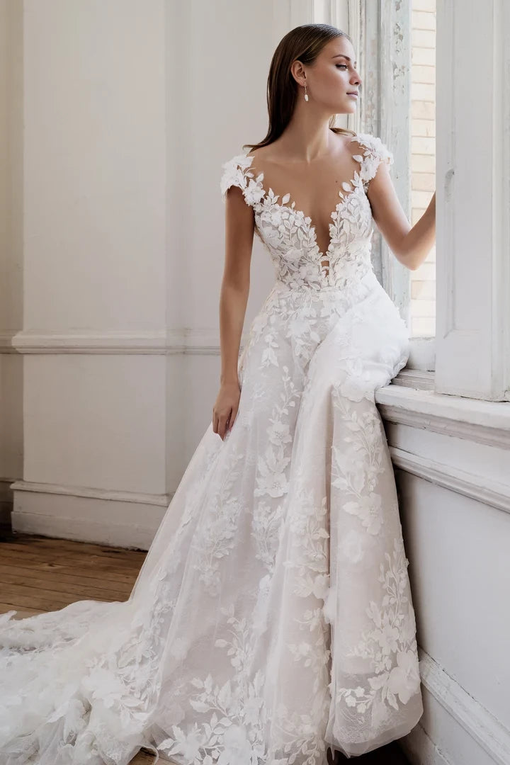 Lace A-Line Wedding Gown with 3D Appliqués and Low Back Wedding Dresses