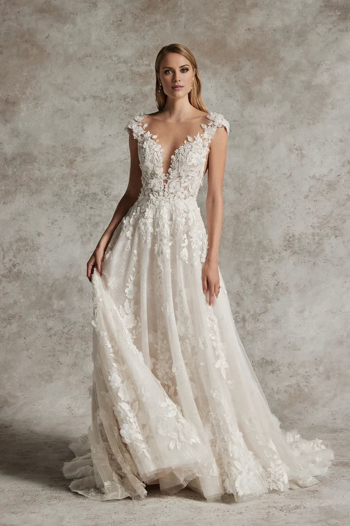 Lace A-Line Wedding Gown with 3D Appliqués and Low Back Wedding Dresses