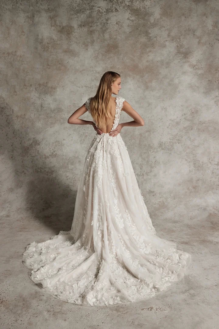 Lace A-Line Wedding Gown with 3D Appliqués and Low Back Wedding Dresses
