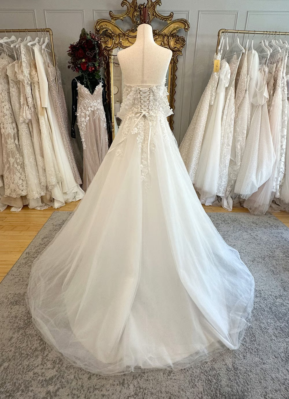 Lace Applique Tulle Wedding Dress with Sweetheart Neck, Corset Lace-Up Back and Chapel Train