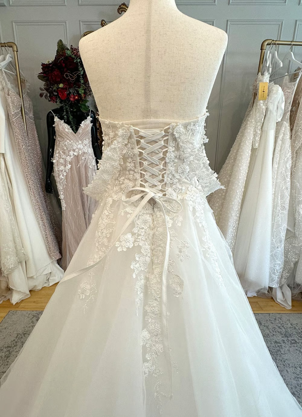 Lace Applique Tulle Wedding Dress with Sweetheart Neck, Corset Lace-Up Back and Chapel Train