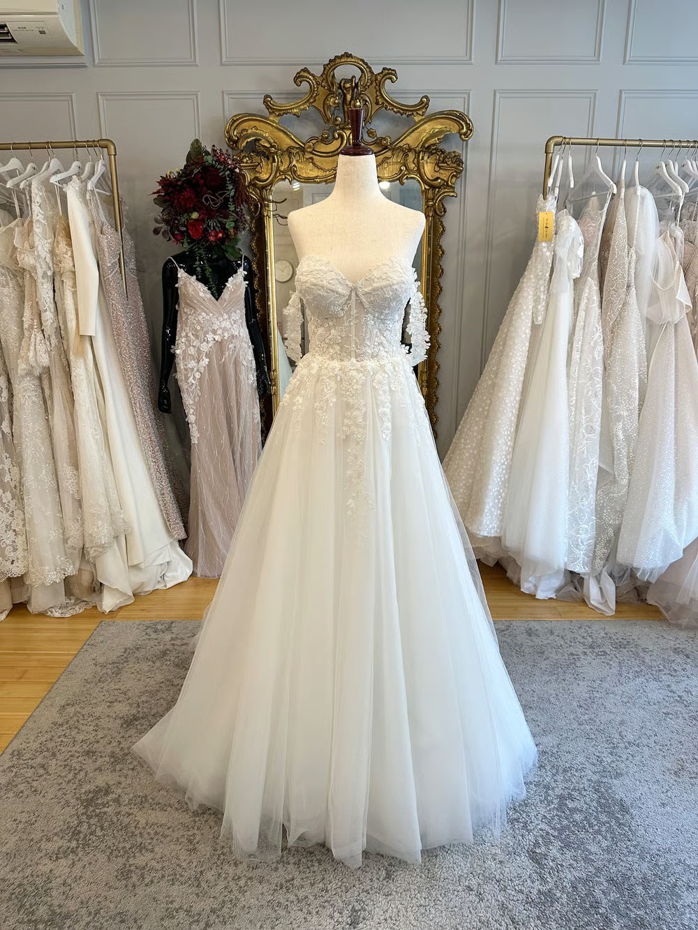 Lace Applique Tulle Wedding Dress with Sweetheart Neck, Corset Lace-Up Back and Chapel Train