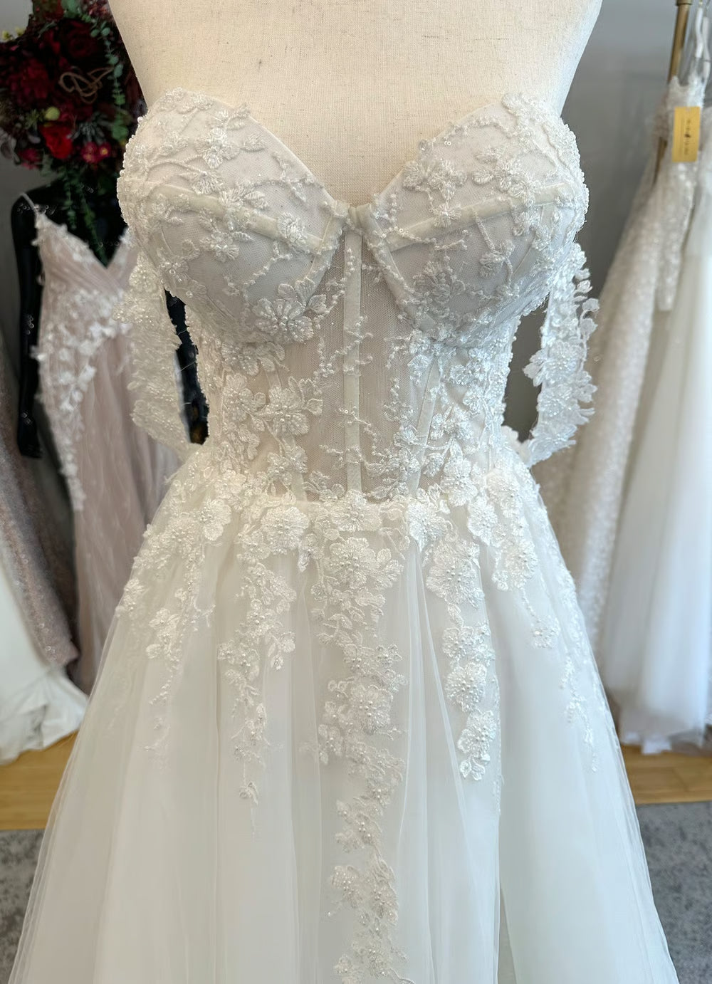 Lace Applique Tulle Wedding Dress with Sweetheart Neck, Corset Lace-Up Back and Chapel Train