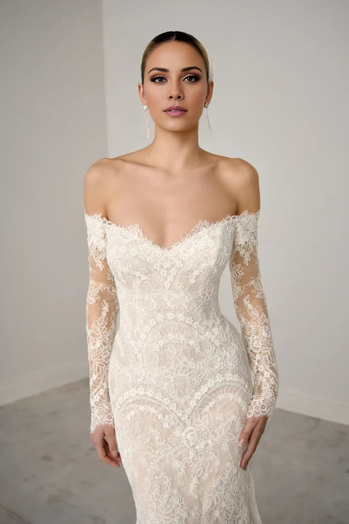 Lace Fit Flare Dress with Sweetheart Off-Shoulder Long Sleeves Wedding Dresses