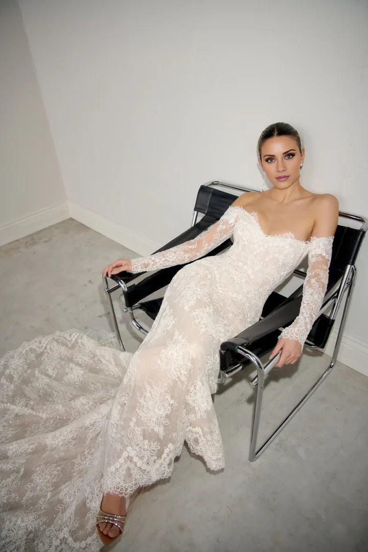 Lace Fit Flare Dress with Sweetheart Off-Shoulder Long Sleeves Wedding Dresses