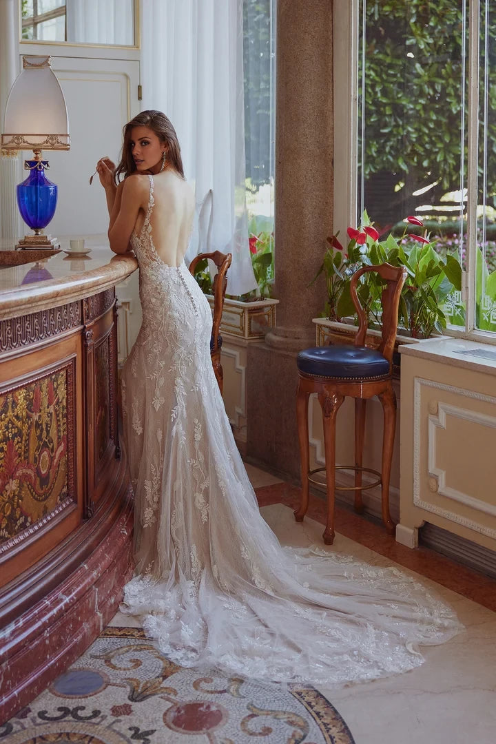 Lace Fit and Flare Gown with Plunging Illusion Neckline and Low Back Wedding Dresses