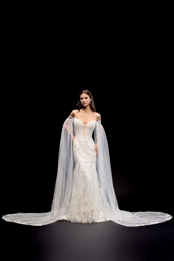 Lace Fit and Flare Gown with Plunging Neckline and Scallop Lace Train Wedding Dresses
