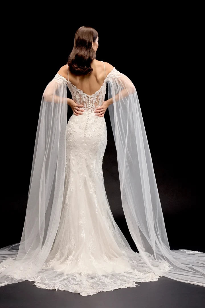 Lace Fit and Flare Gown with Plunging Neckline and Scallop Lace Train Wedding Dresses