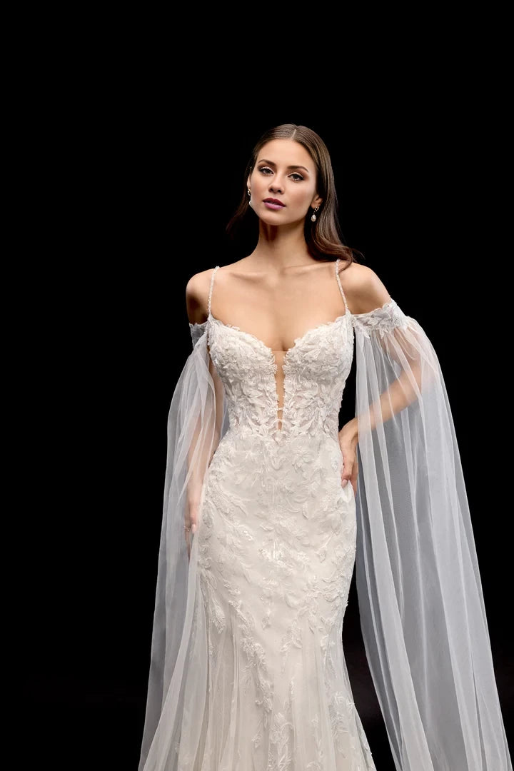 Lace Fit and Flare Gown with Plunging Neckline and Scallop Lace Train Wedding Dresses