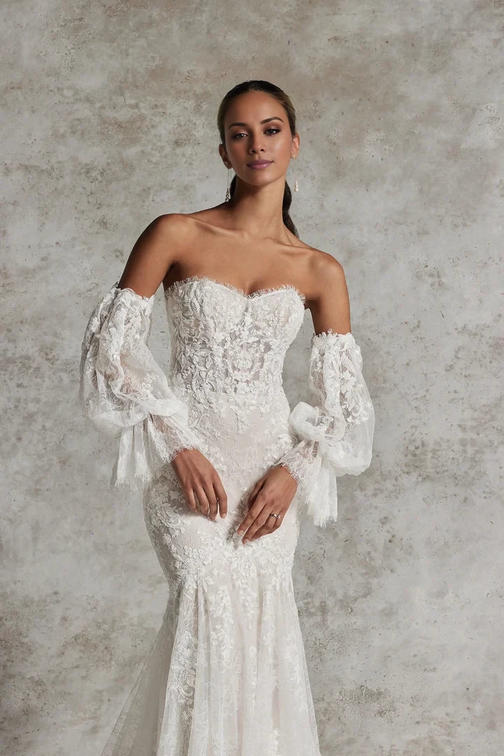 Lace Fit and Flare Wedding Gown with Sheer Bodice Wedding Dresses