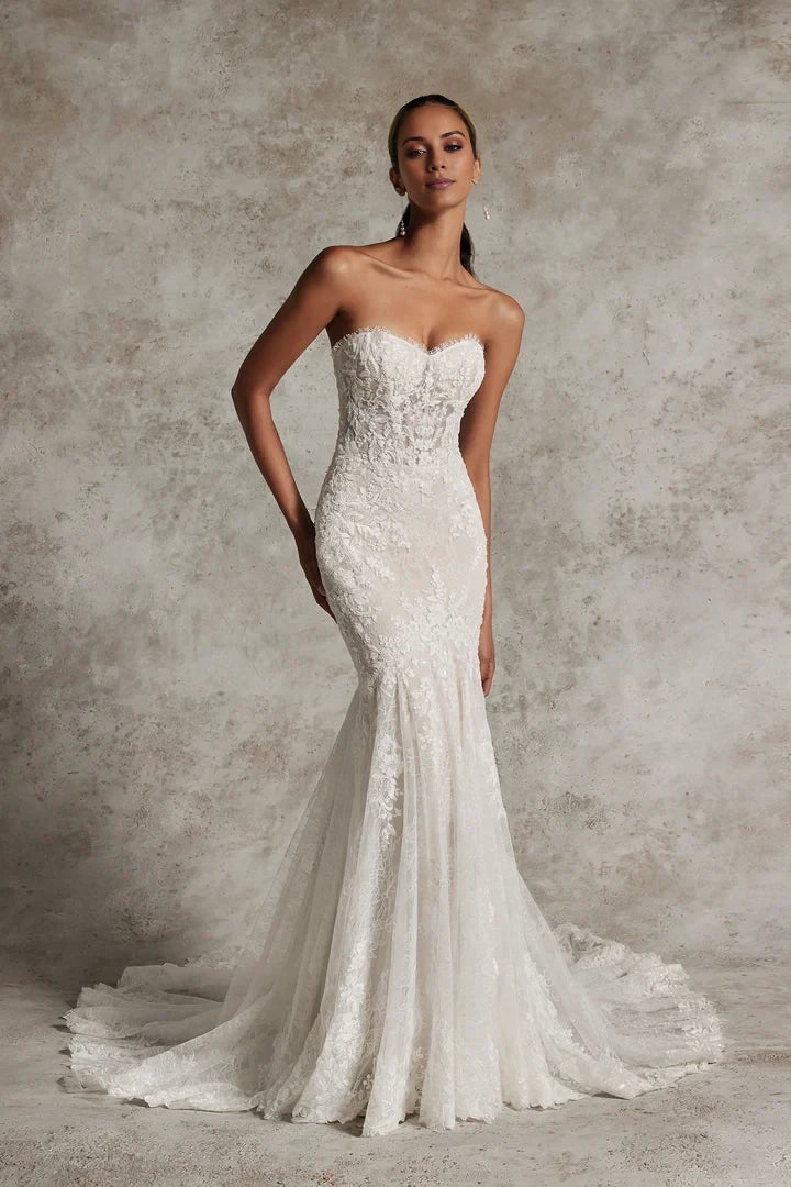 Lace Fit and Flare Wedding Gown with Sheer Bodice Wedding Dresses