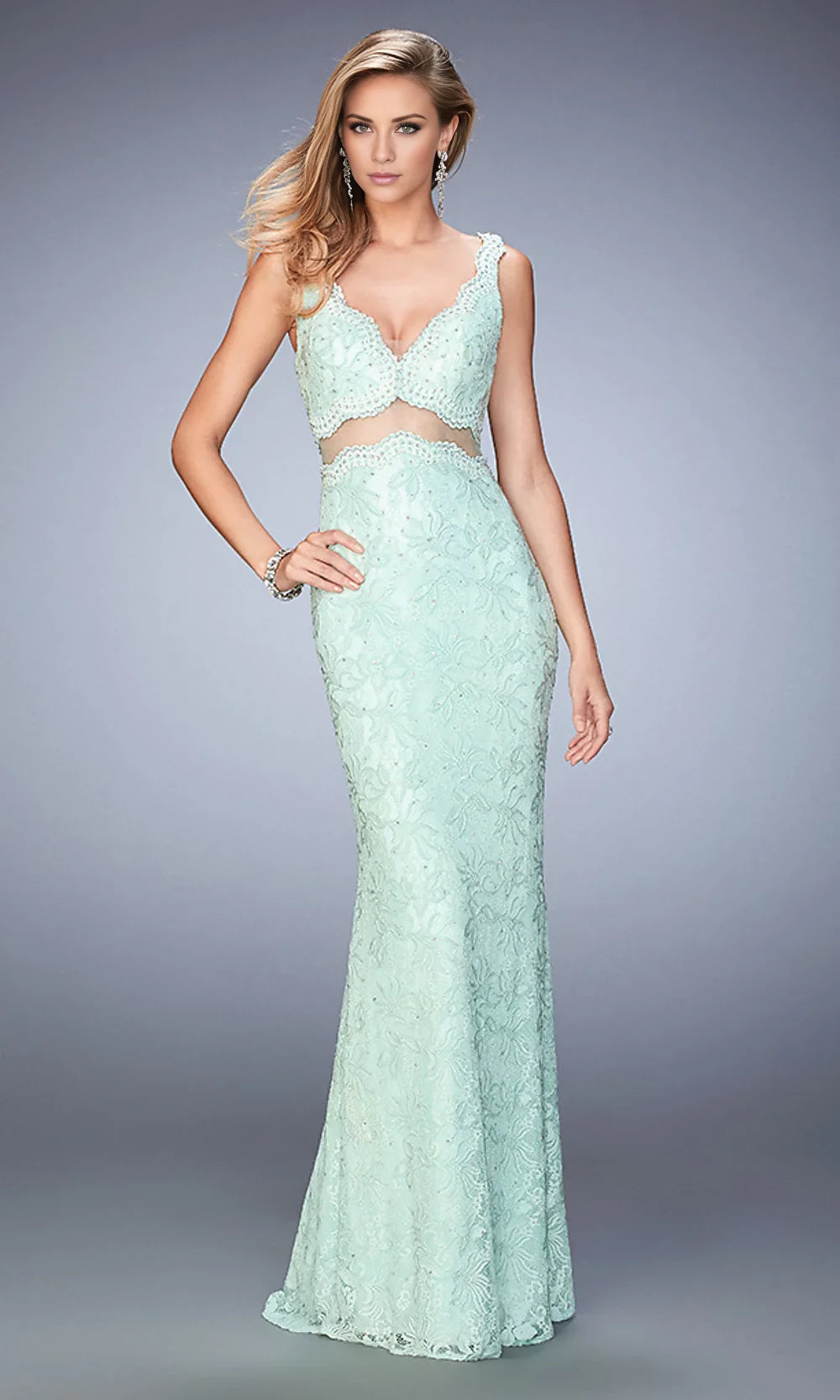Lace Midriff Cut Out Long La Femme Formal Gown Prom Dresses