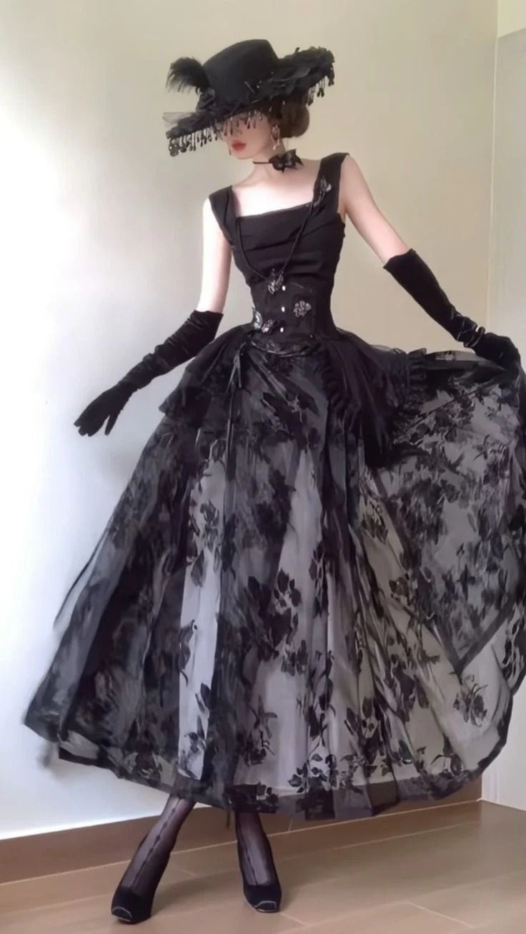 Lace Overlay Corset Dress with Tulle Skirt & Feather Hat Set